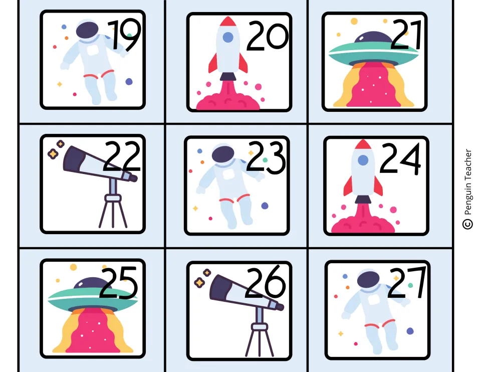 Numbered date cards 19 to 27 with astronaut, rocket, flying saucer and telescope art to cut out for daily calendar time