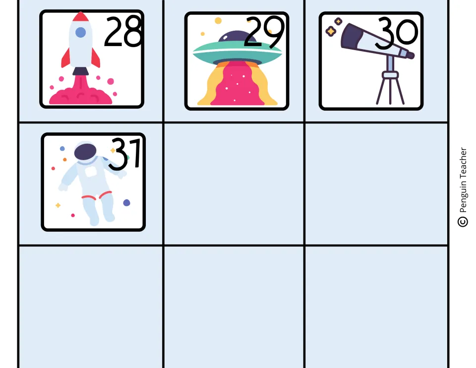 Final date cards 28, 29, 30 and 31 with rocket, flying saucer, telescope and astronaut pictures to finish the month