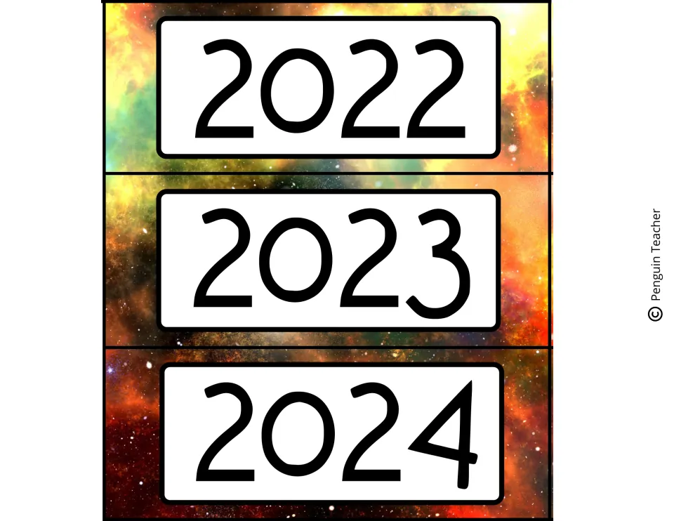Year labels 2022, 2023 and 2024 in large numerals on a fiery orange and yellow nebula background, ready to cut out