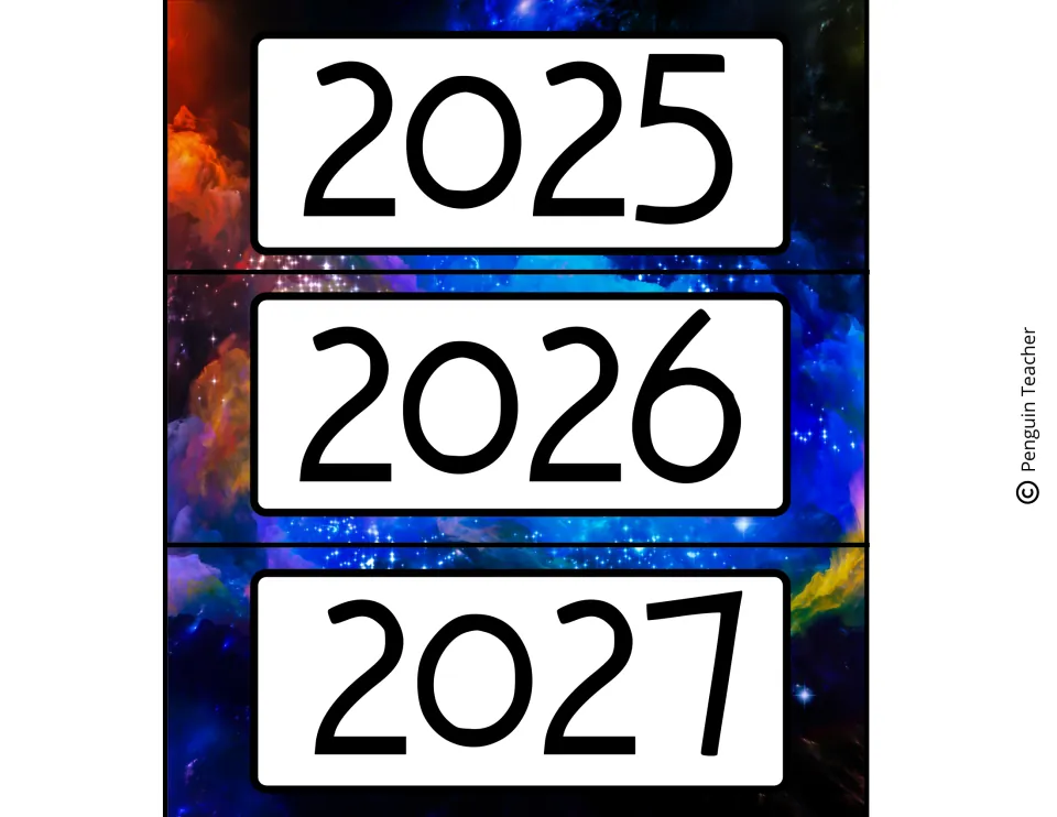 Year labels 2025, 2026 and 2027 in bold numerals over a blue and purple starry galaxy background, to trim apart