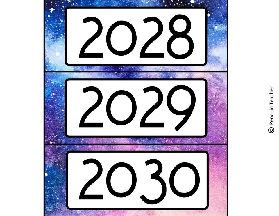 Year labels 2028, 2029 and 2030 in bold numerals over a pink and violet watercolor galaxy, for cutting into strips