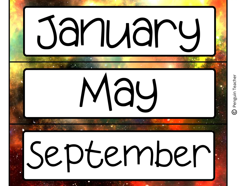 Month name strips for January, May and September in handwritten-style lettering on a golden nebula background