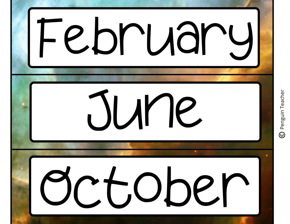 Month name strips for February, June and October in hand-lettered font over a teal and amber nebula photo