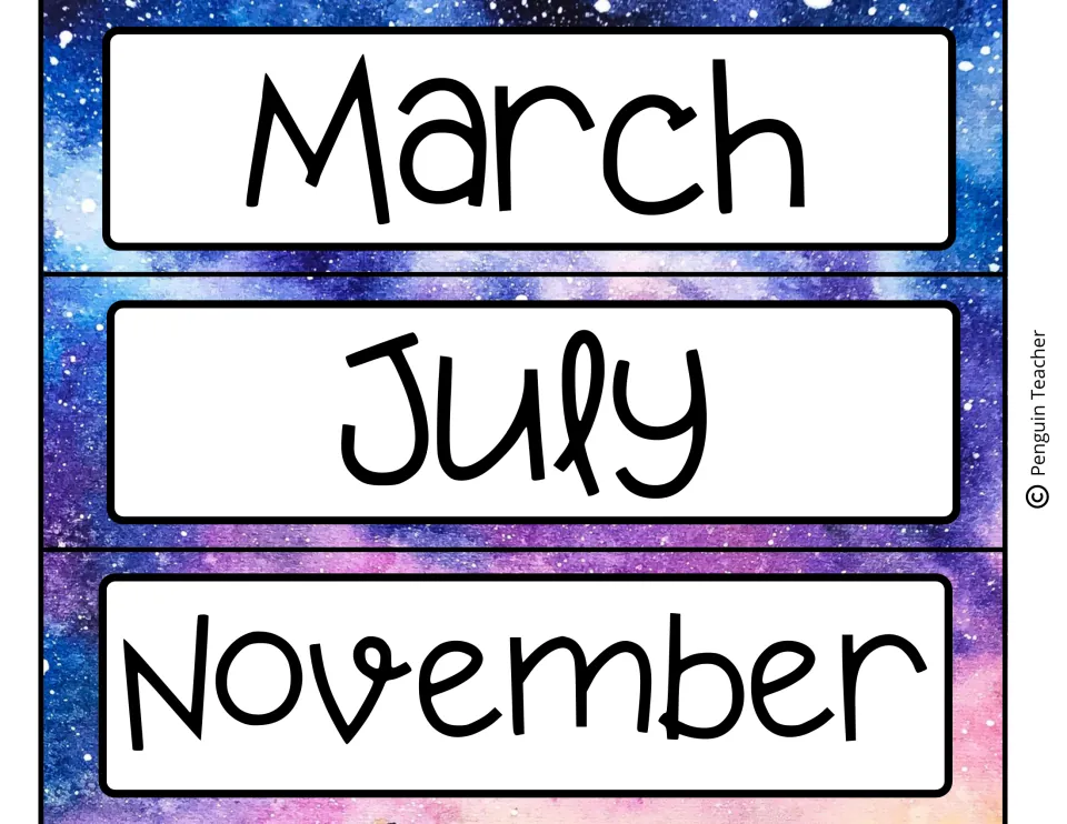 Month name strips for March, July and November in hand-lettered font on a purple and pink starry watercolor sky