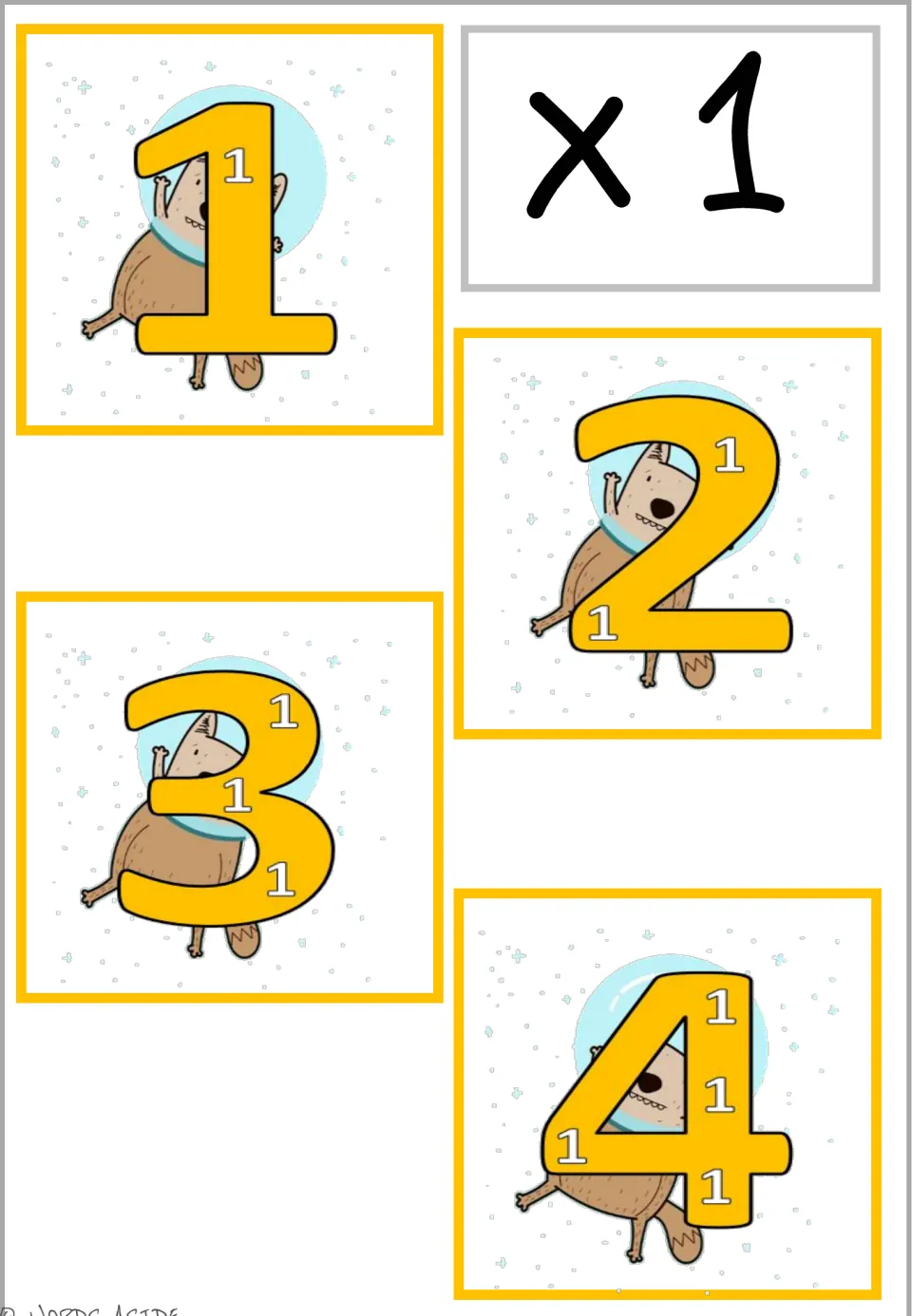 Times 1 facts: a ×1 header card and cards for 1, 2, 3 and 4, each digit holding that many small 1s over an astronaut animal