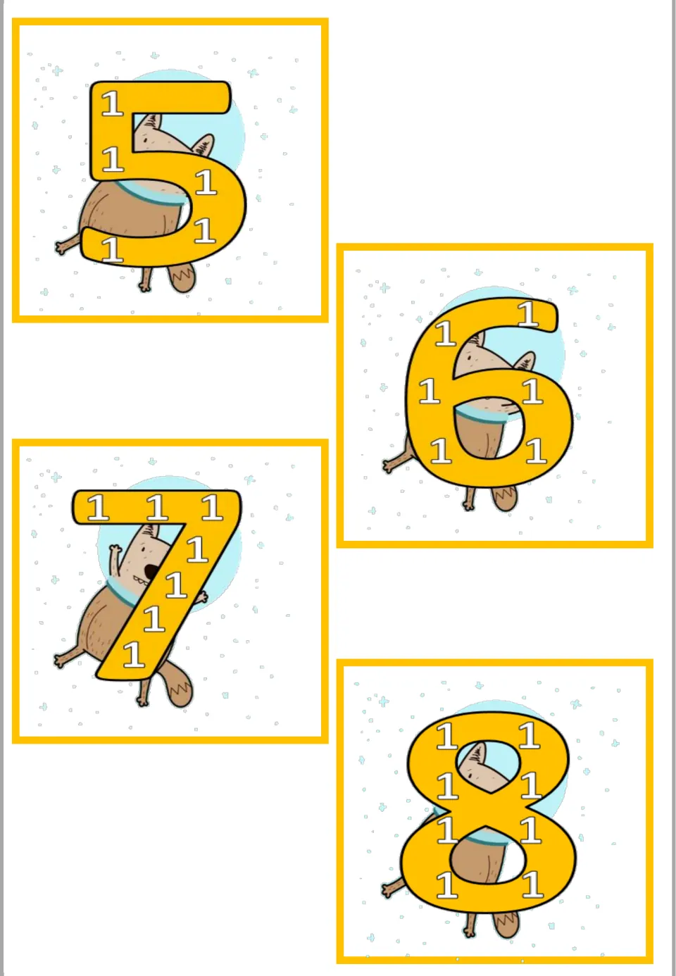 ×1 facts continued: cards for 5, 6, 7 and 8, each yellow digit dotted with as many small 1s as its value