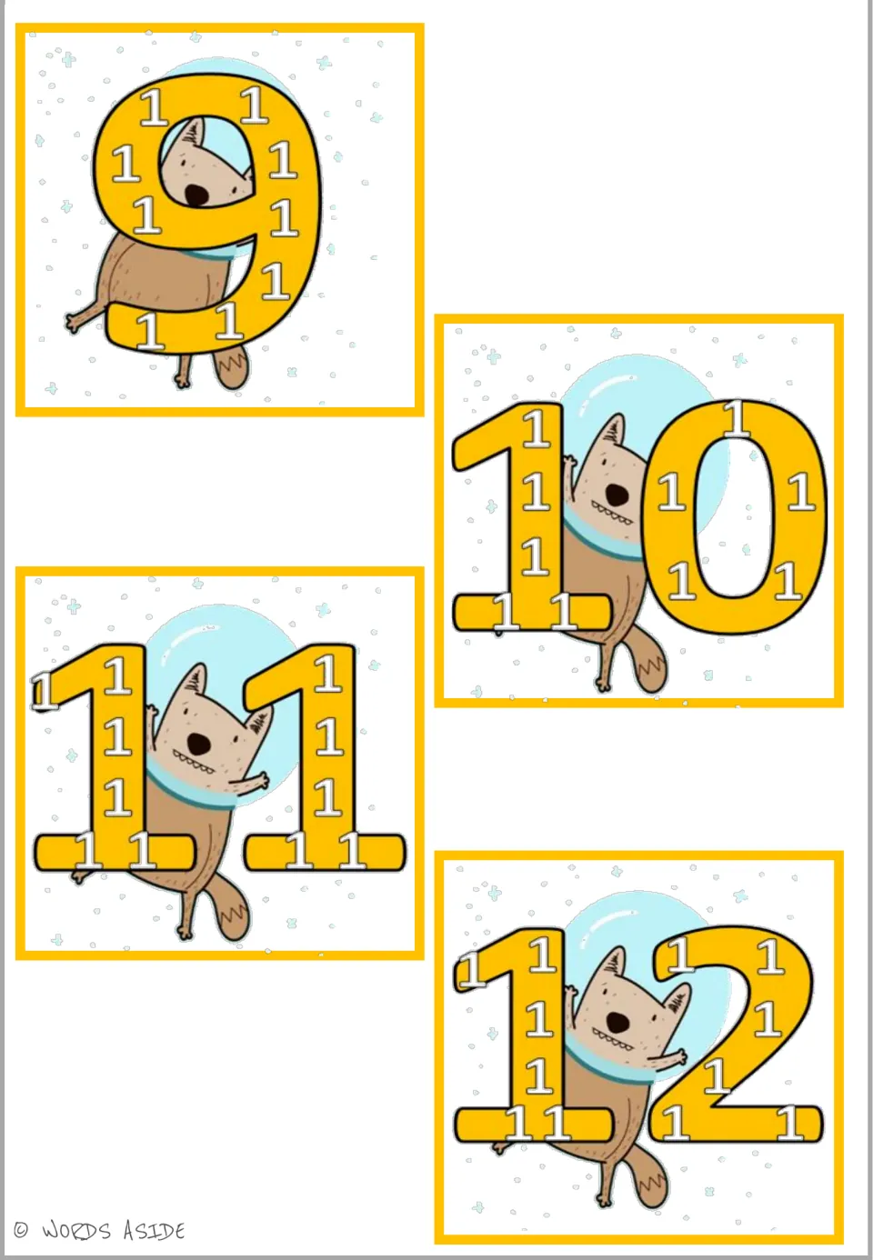 ×1 facts finale: cards for 9, 10, 11 and 12 showing counts of small 1s inside each numeral; Words Aside copyright note