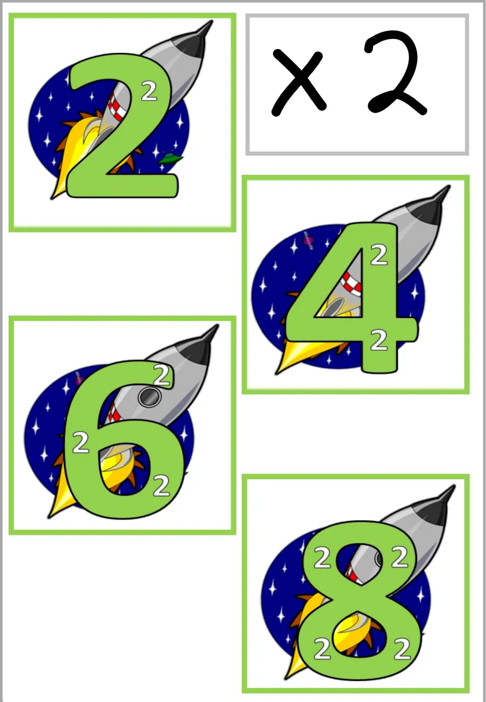 Times 2 facts: ×2 header card plus green 2, 4, 6 and 8 over a rocket in space, each numeral holding one to four small 2s