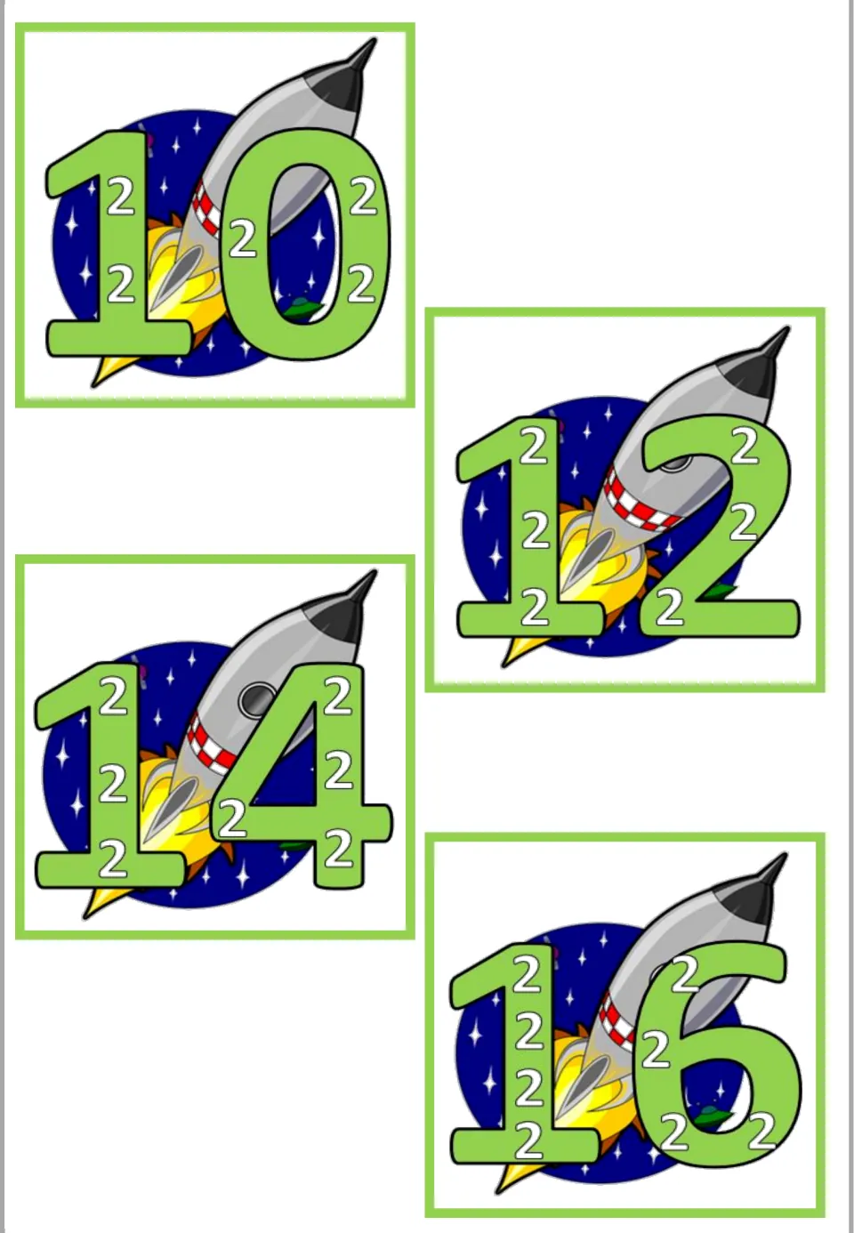 ×2 skip-count cards 10, 12, 14 and 16: green numerals over a rocket, with five to eight small 2s marked inside each