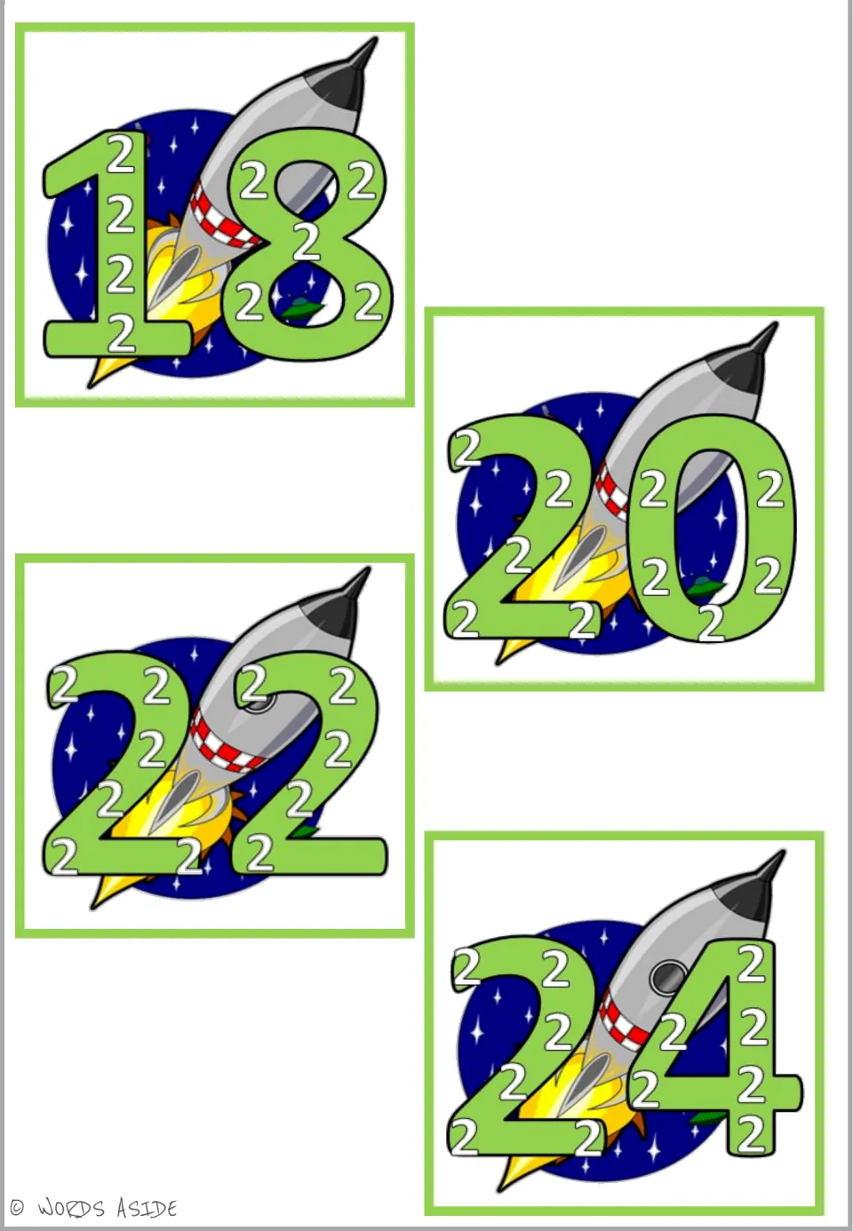 ×2 skip-count cards 18, 20, 22 and 24: rocket-themed green numerals containing nine to twelve small 2s each