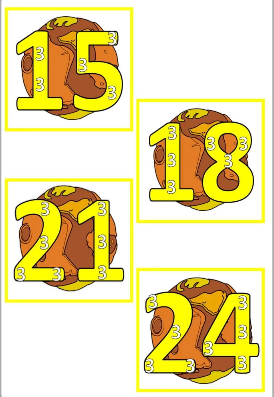 ×3 multiples 15, 18, 21 and 24 on planet cards, with five to eight small 3s placed inside each yellow numeral