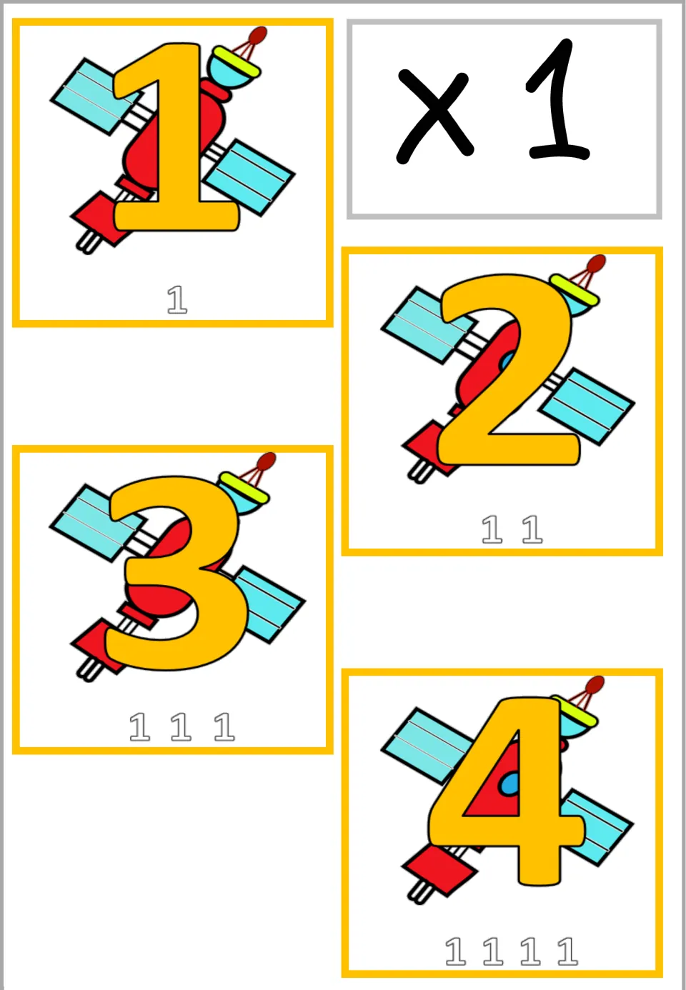 Times 1 poster sheet: products 1 to 4 on satellite pictures, each shown as groups of outlined 1s for counting