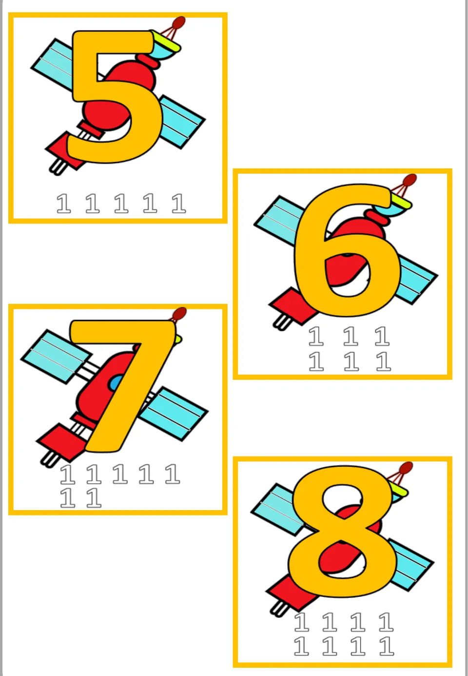 Times 1 facts continued: satellite cards for 5, 6, 7 and 8, each with that many 1s shown beneath the number