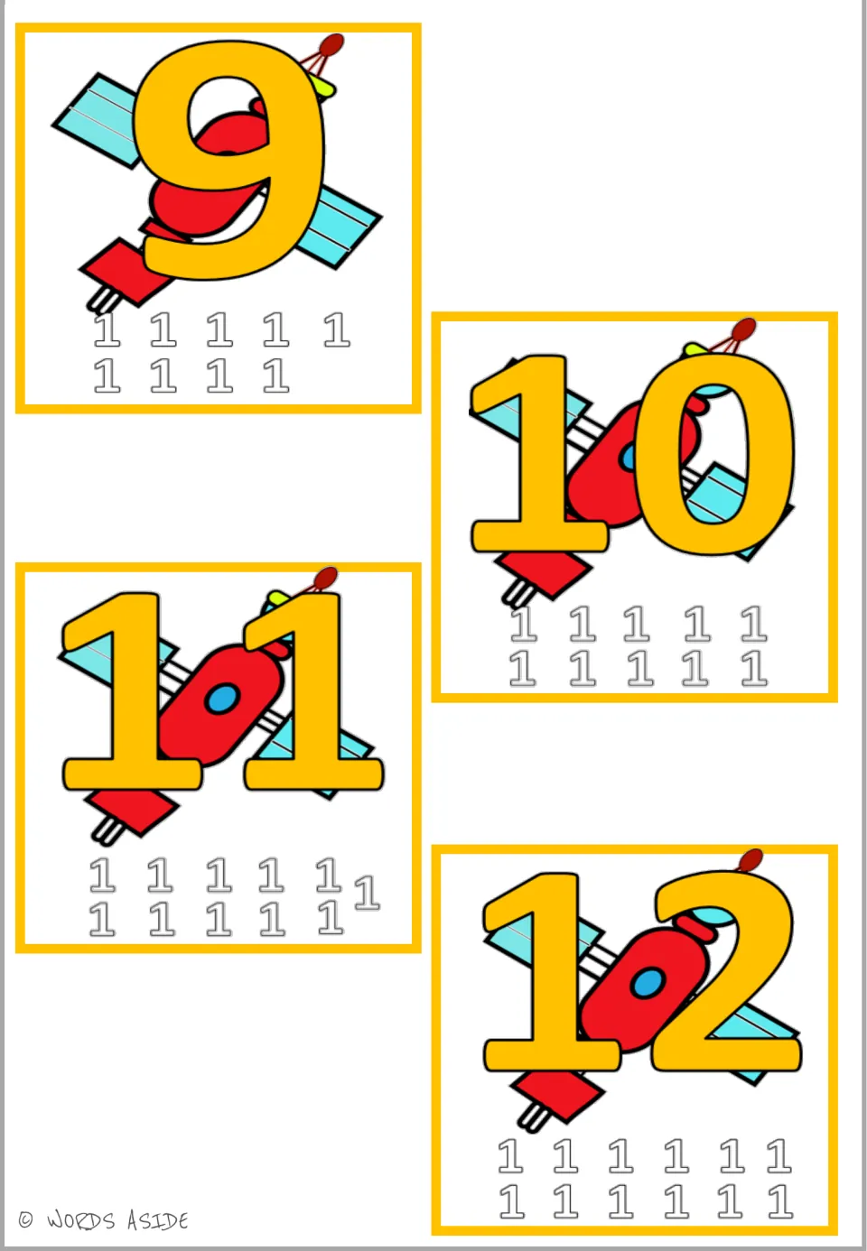 Times 1 facts 9 to 12: satellite cards for 9, 10, 11 and 12, each with matching rows of 1s to count