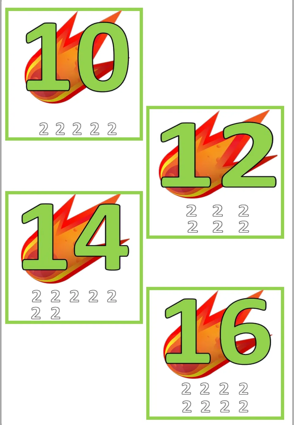 Times 2 multiples 10, 12, 14 and 16 on comet pictures, with five to eight 2s under each to show repeated addition