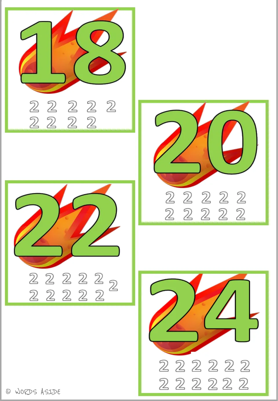 Times 2 multiples 18, 20, 22 and 24 on comets, each with nine to twelve 2s beneath to count up to 2 x 12