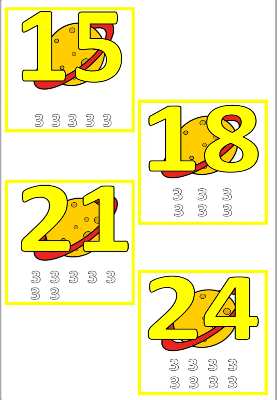 Times 3 multiples 15, 18, 21 and 24 on planet pictures, with five to eight 3s shown under each as repeated addition