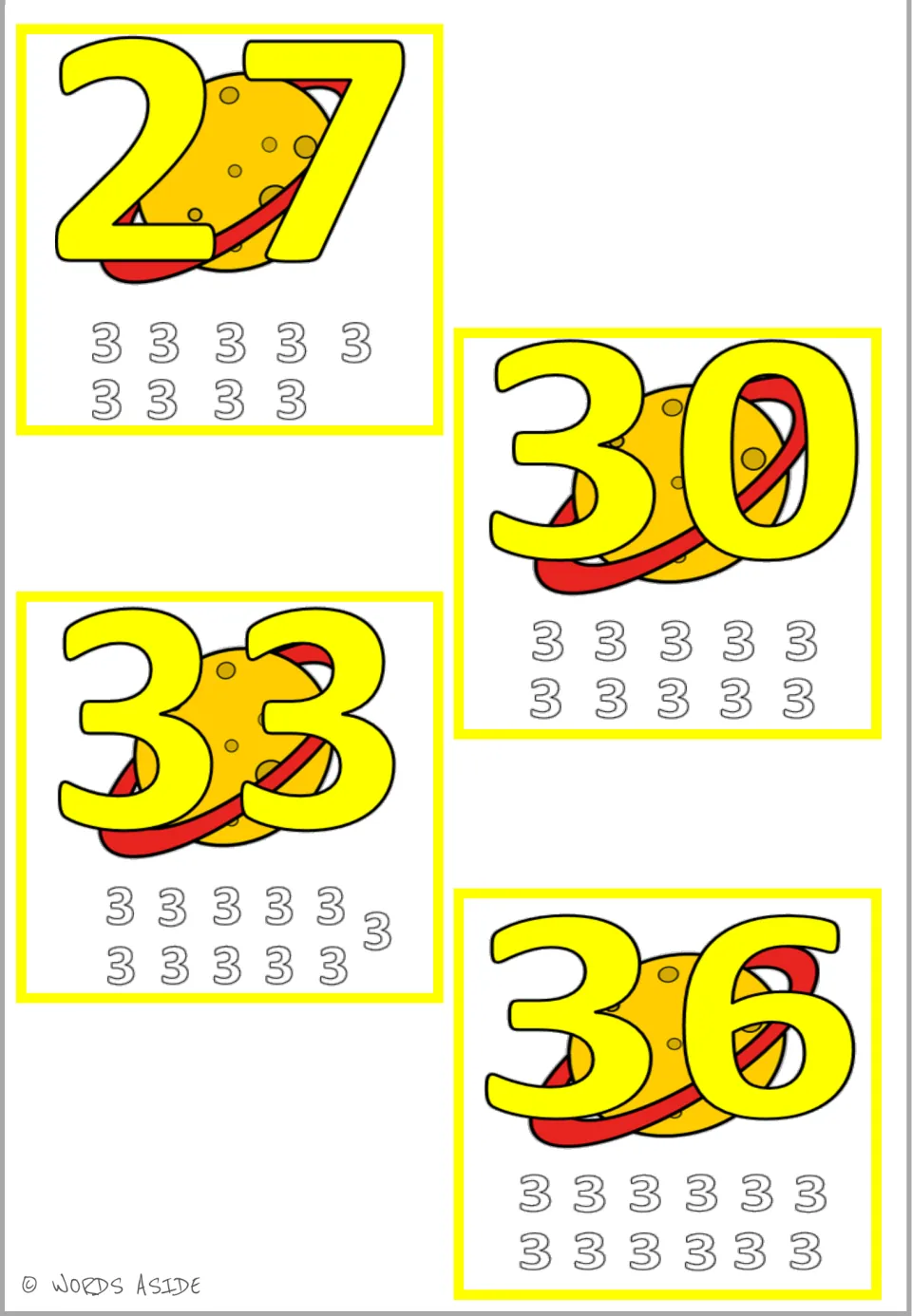 Times 3 multiples 27, 30, 33 and 36 on ringed planets, each with nine to twelve 3s beneath to reach 3 x 12