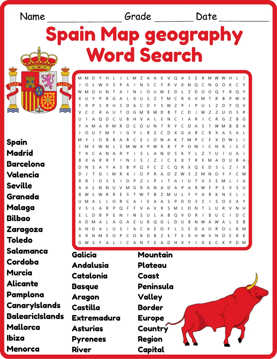 Color Spain geography word search featuring 40 terms, including Madrid, Barcelona, Pyrenees, and peninsula