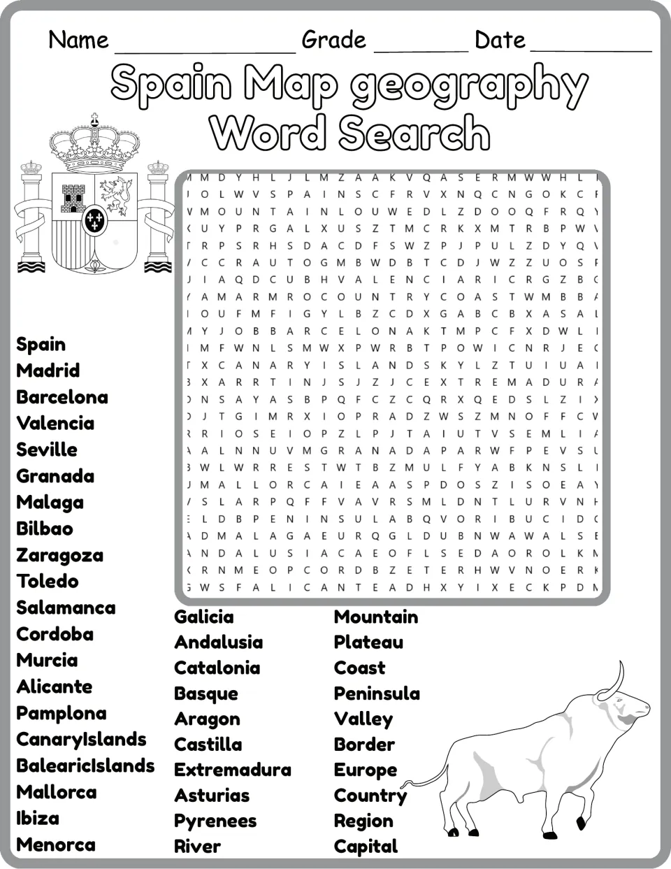 Black-and-white Spain geography word search featuring 40 terms, including Granada, Mallorca, and coast
