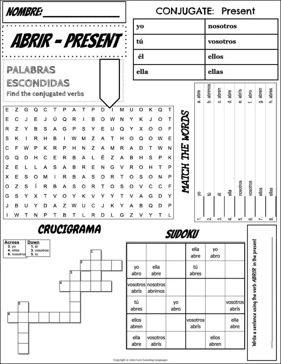 Spanish abrir (to open) practice page: present-tense conjugation, word search, matching, crossword, and sudoku