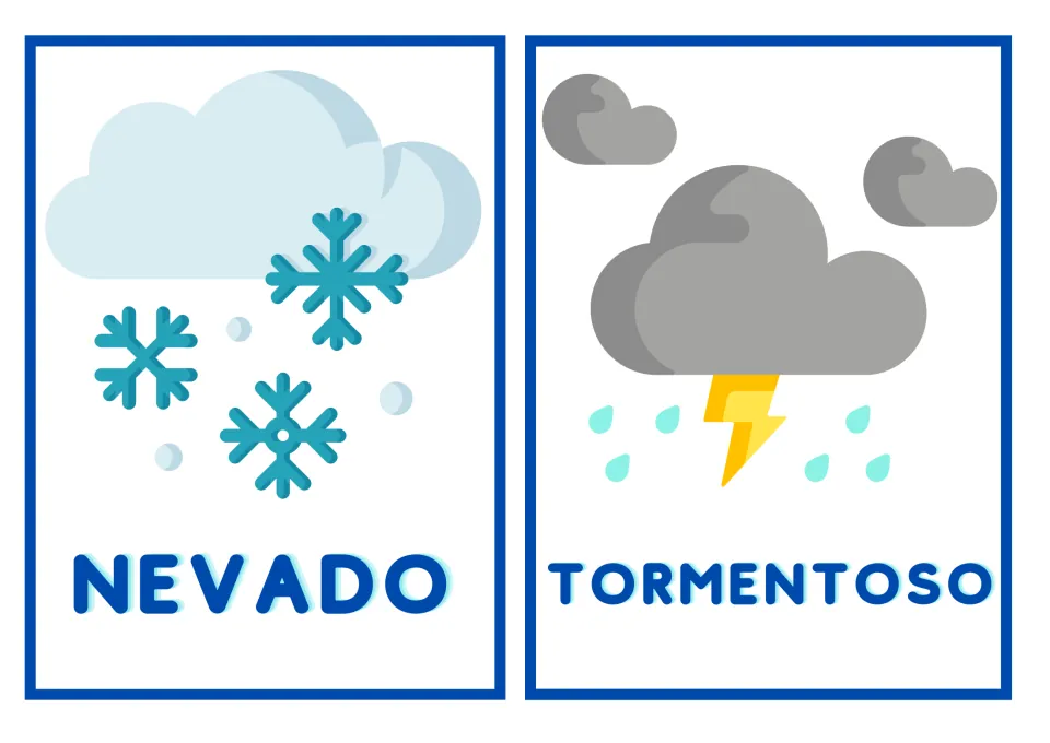 Snow and storm adjectives: NEVADO pictured with snowflakes under a cloud and TORMENTOSO with a lightning bolt and rain