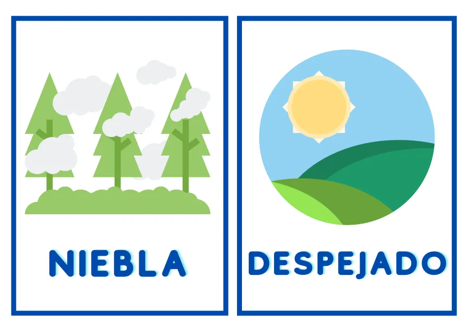 Fog and clear-sky vocabulary: NIEBLA shows mist drifting among pine trees and DESPEJADO shows sun over green hills