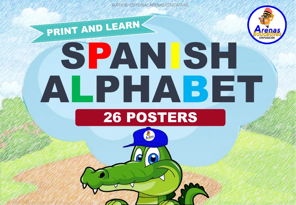 Spanish alphabet cover from Arenas Educativas: Print and Learn, 26 posters, with a cartoon crocodile wearing a cap