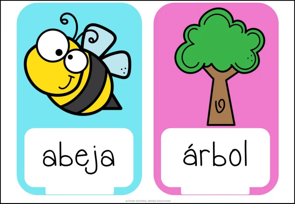 Letter A vocabulary: two picture cards pair a bee with 'abeja' and a tree with 'árbol' for matching words to pictures