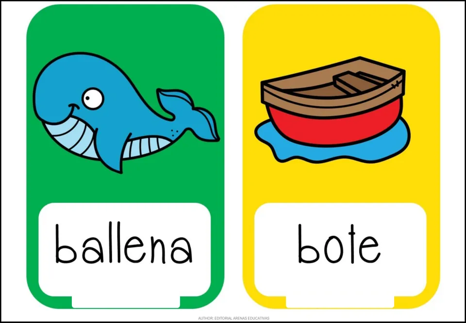 Letter B vocabulary: picture cards show a whale labeled 'ballena' and a rowboat labeled 'bote' for initial sound B
