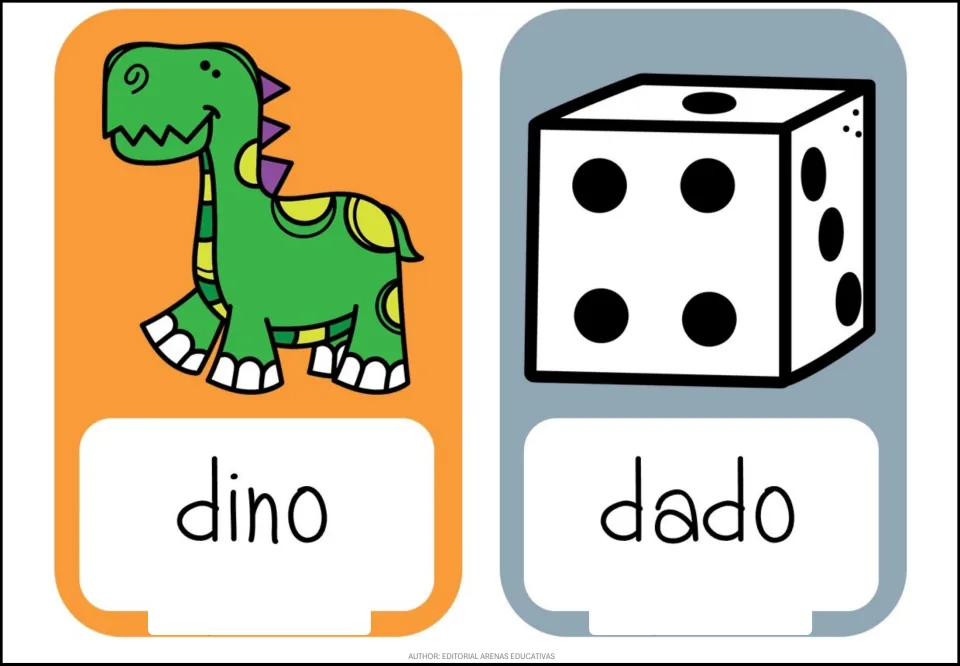 Letter D vocabulary: picture cards show a dinosaur labeled 'dino' and a die labeled 'dado' for beginning-sound practice