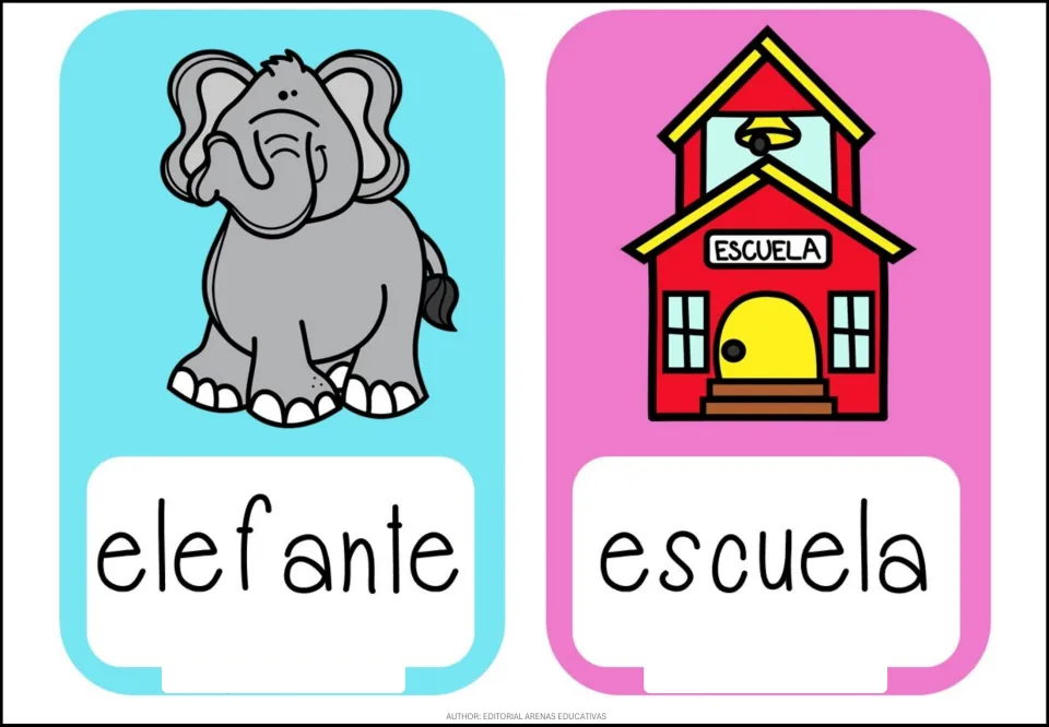 Letter E vocabulary: picture cards show an elephant labeled 'elefante' and a schoolhouse labeled 'escuela' for letter E