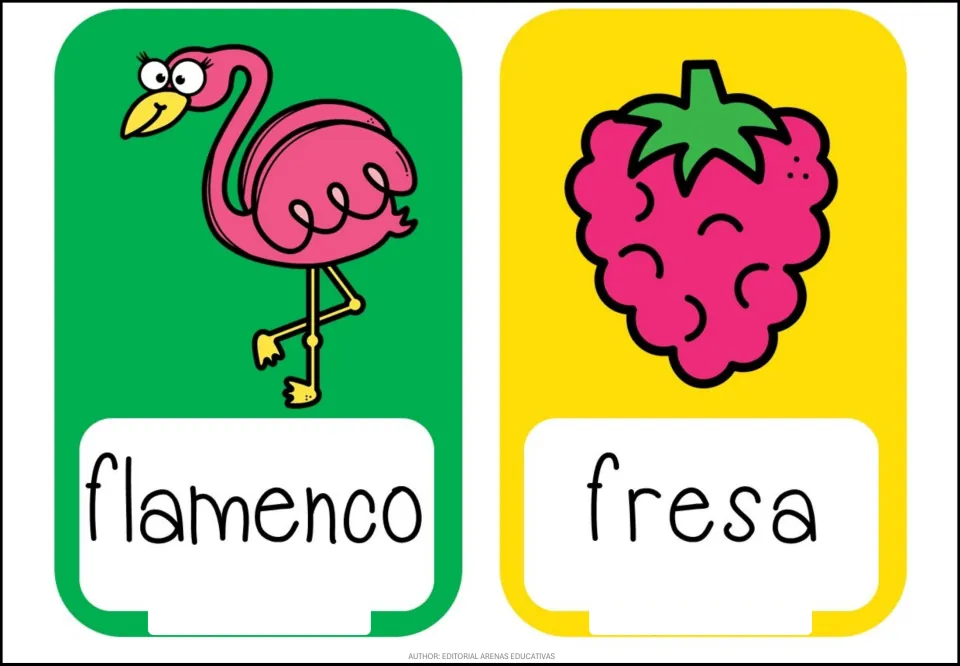 Letter F vocabulary: picture cards show a flamingo labeled 'flamenco' and a berry labeled 'fresa' for the Spanish F sound