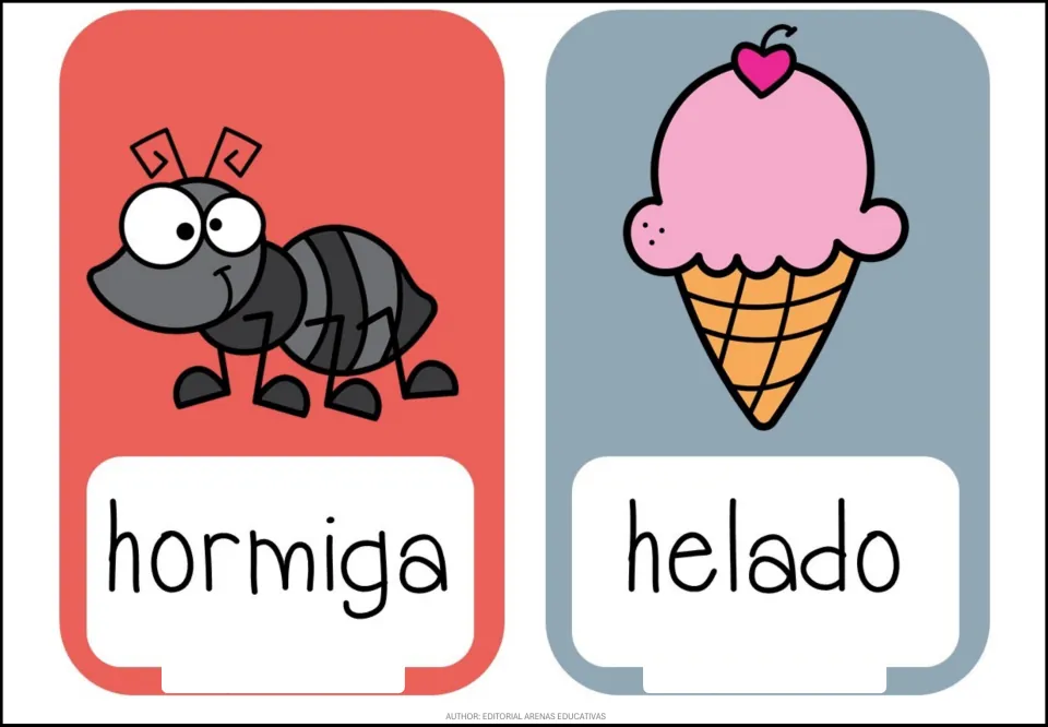 Letter H vocabulary: picture cards show an ant labeled 'hormiga' and an ice cream labeled 'helado' to note the silent H