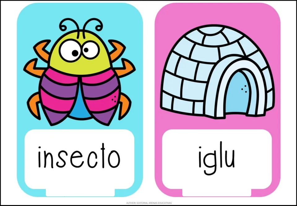 Letter I vocabulary: picture cards show a bug labeled 'insecto' and an igloo labeled 'iglu' for the Spanish vowel I