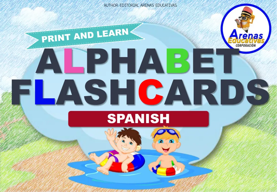 Cover reading Print and Learn Alphabet Flashcards Spanish, with two cartoon boys floating on swim rings in a pond