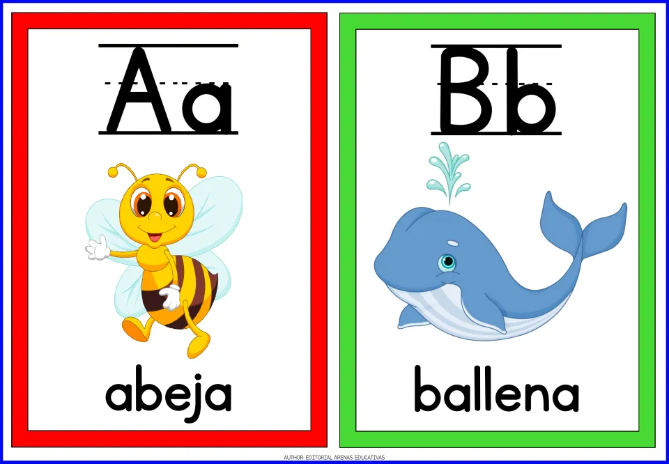 Spanish letters Aa and Bb: two flashcards pairing each letter with a picture word, a bee for abeja and a whale for ballena
