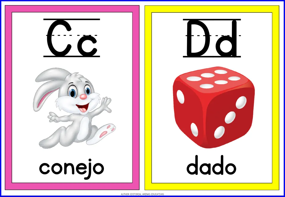 Spanish letters Cc and Dd flashcards: a running bunny labeled conejo and a red die labeled dado for initial-sound practice