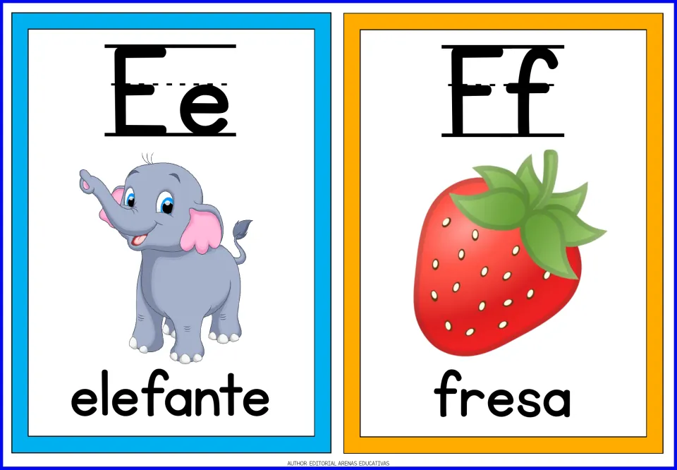 Spanish letters Ee and Ff flashcards showing an elephant labeled elefante and a strawberry labeled fresa for letter sounds