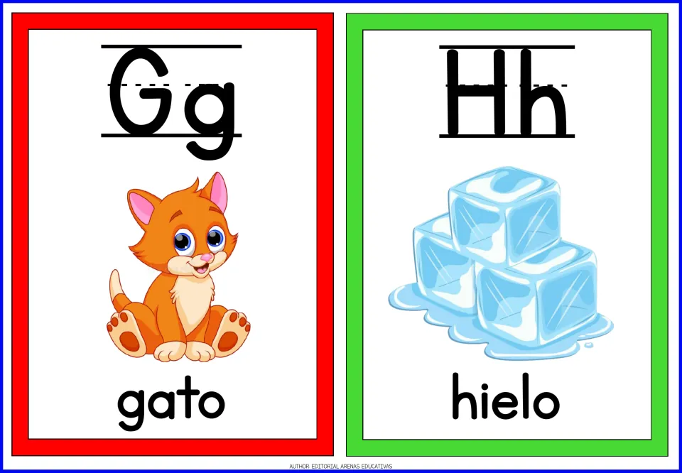 Spanish letters Gg and Hh flashcards: an orange kitten labeled gato and a stack of ice cubes labeled hielo for review