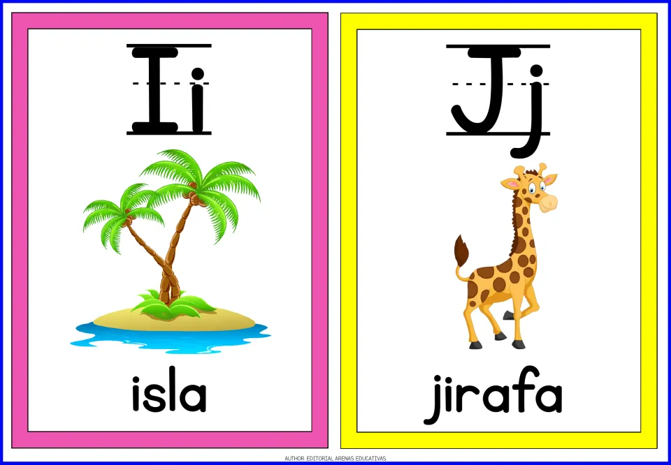 Spanish letters Ii and Jj flashcards: a palm-tree island labeled isla and a giraffe labeled jirafa for sound review