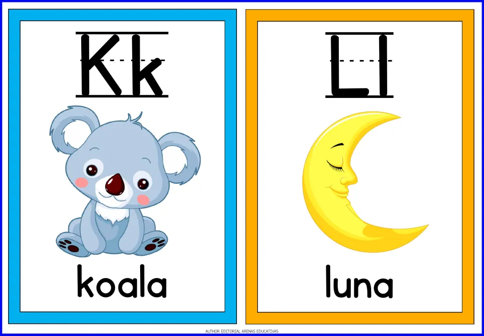 Spanish letters Kk and Ll flashcards: a blue koala labeled koala and a sleeping crescent moon labeled luna for letter names