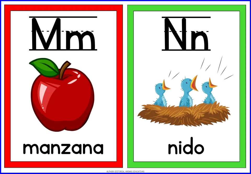 Spanish letters Mm and Nn flashcards: a red apple labeled manzana and baby birds in a nest labeled nido for initial sounds