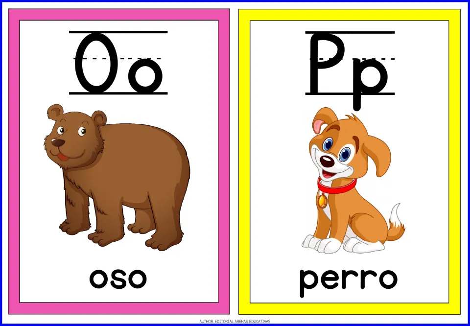 Spanish letters Oo and Pp flashcards: a brown bear labeled oso and a puppy with a red collar labeled perro for review