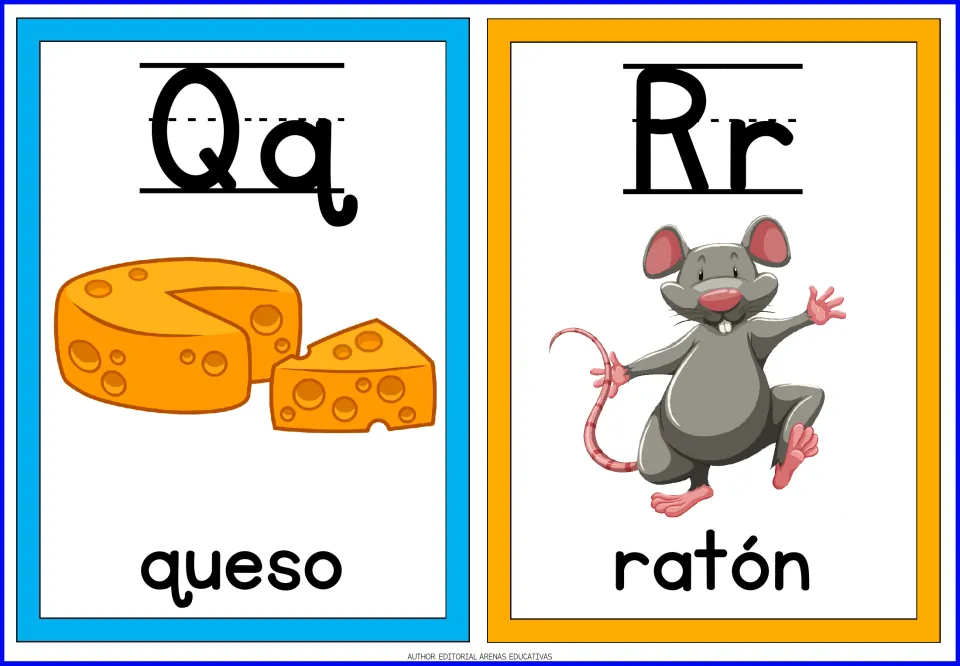 Spanish letters Qq and Rr flashcards: a wheel of cheese labeled queso and a gray mouse labeled ratón with its accent mark