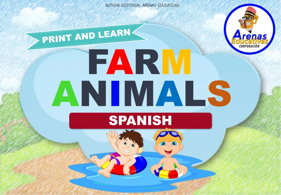Cover of the Spanish farm animal flashcard resource, labeled 'Print and Learn' and 'Farm Animals Spanish'