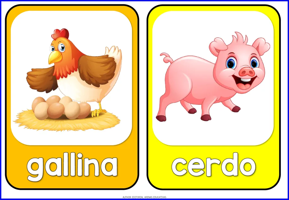 Spanish farm animal flashcards 1–2 of 14: gallina (hen) and cerdo (pig), each illustrated with its animal