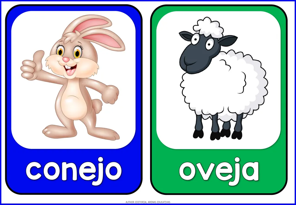 Spanish farm animal flashcards 3–4 of 14: conejo (rabbit) and oveja (sheep), each showing the named animal