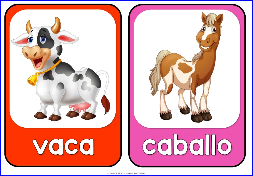 Spanish farm animal flashcards 5–6 of 14: vaca (cow) and caballo (horse), each illustrated with its animal