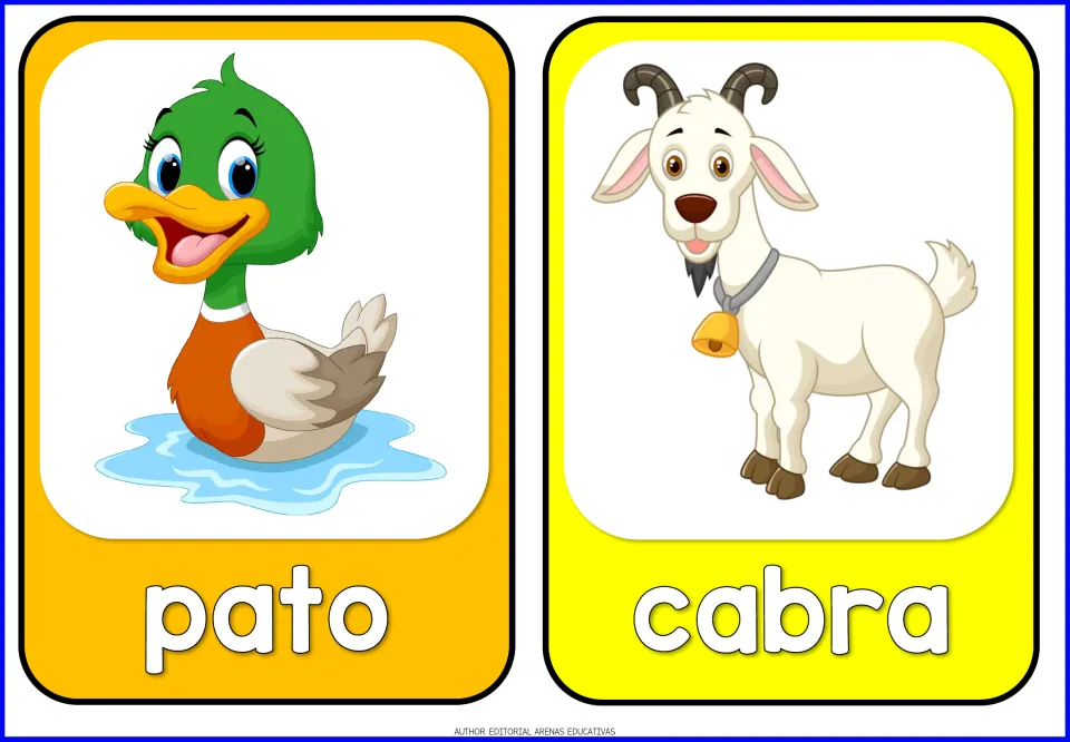 Spanish farm animal flashcards 7–8 of 14: pato (duck) and cabra (goat), each illustrated with its animal